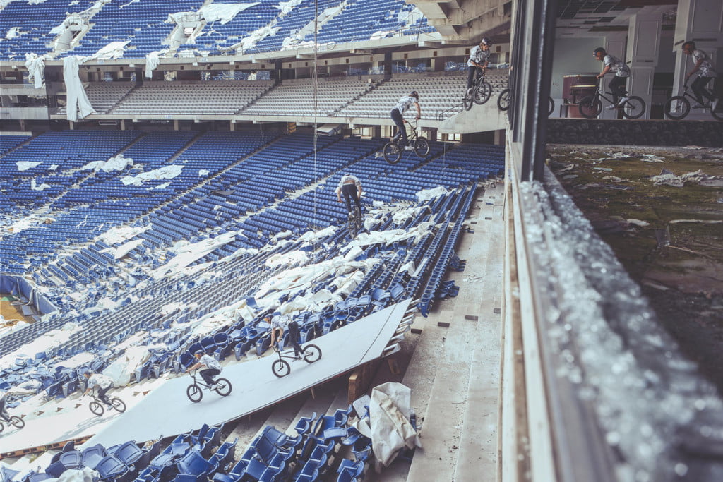 Tyler Fernengel performs a massive 360 barspin inside the abandoned Silverdome Stadium during Red Bull Resurrection in Pontiac, Michigan, USA, on 14 May, 2015.